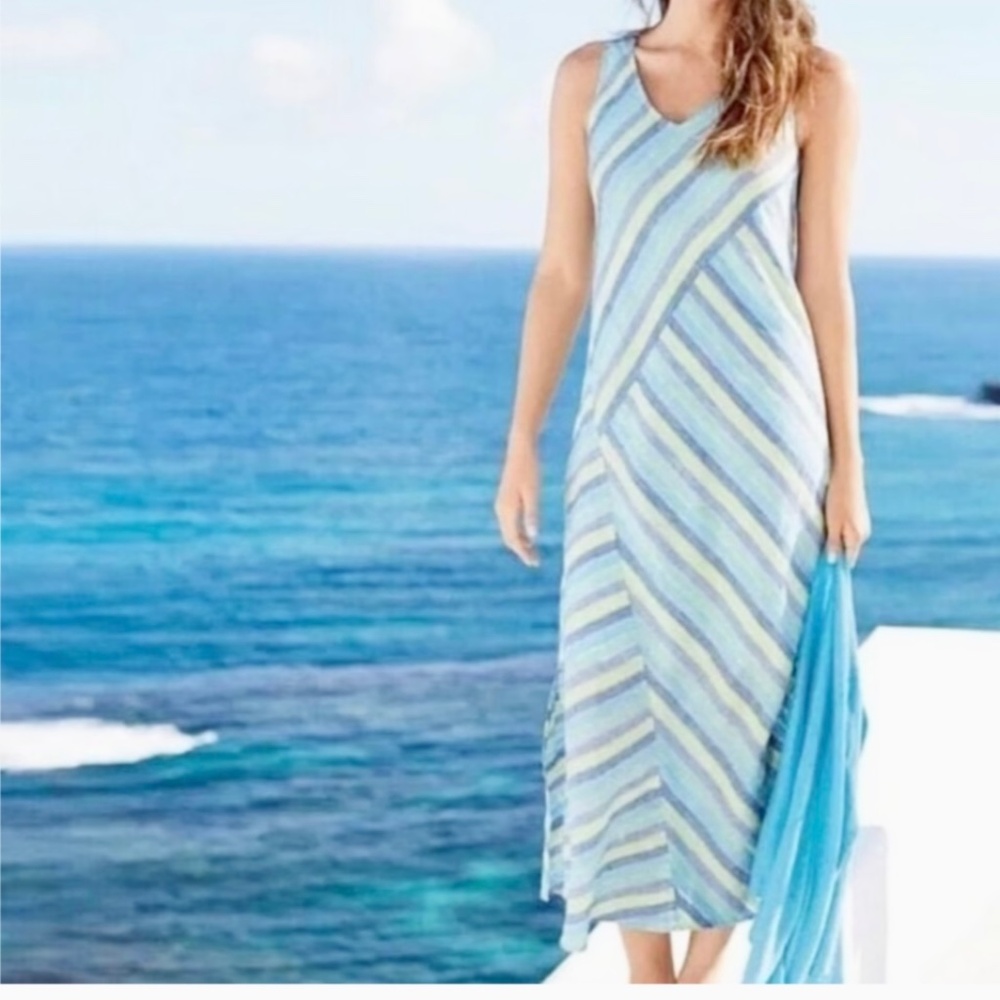 J. JILL Love Linen Maxi Dress Sz L Baja Stripe Coasta Beach